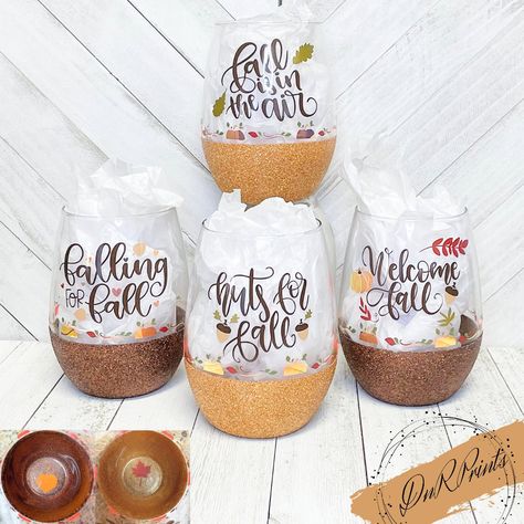 Fall Wine Glasses, Thanksgiving Wine Glass, Cricut Wine Glasses, Season Art, Thanksgiving Wine, Glitter Wine Glasses, Autumn Wine, Vinyl Tumblers, Glitter Wine