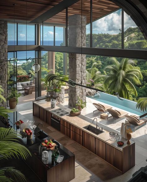 Kitchen-View-of-Water Futuristic Home, Backyard Kitchen, Beach House Design, Home Building Design, Luxury House Designs, City House, House Architecture Design, Home Design Decor, Villa Design