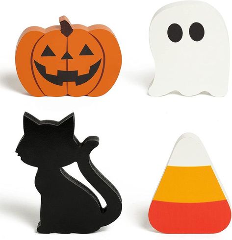 Wooden Table Decor, Farmhouse Tabletop, Wood Centerpiece, Black Cat Pumpkin, Wooden Centerpieces, Happy Halloween Signs, Halloween Fest, Wooden Figures, Wood Centerpieces