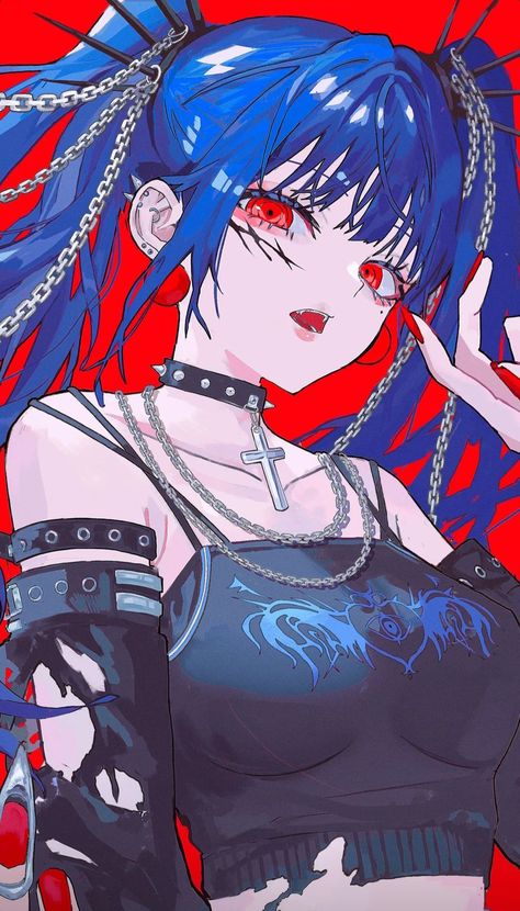 Raised Eyebrow, Bare Shoulders, Black Choker, Simple Backgrounds, Eye Art, Red Eyes, Red Background, Blue Hair, Red Hair