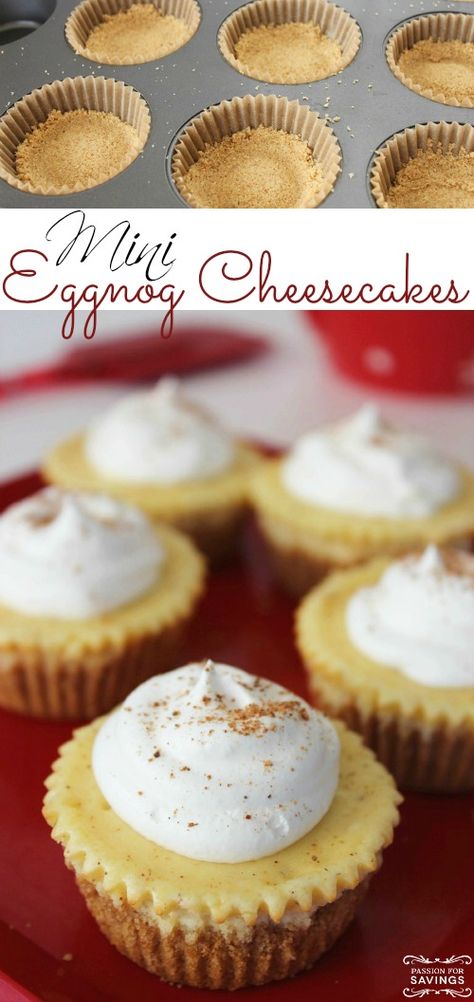 Mini Eggnog Cheesecakes Recipe! Homemade Holiday Cheesecake Recipe! Mini Eggnog Cheesecake, Eggnog Cheesecake Recipe, Holiday Cheesecake Recipes, Christmas Cheesecake Recipes, Fun Holiday Desserts, Desserts Mini, Holiday Cheesecake, Recipes Cupcakes, Eggnog Cheesecake