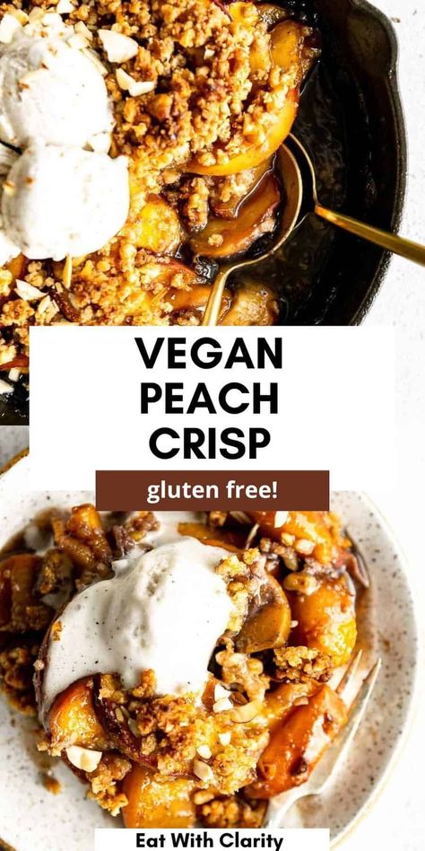 This healthy vegan peach crisp is the perfect easy summer dessert! With a gluten free oat crumble, this healthy dessert is perfect topped with ice cream or whipped cream. This dairy free peach crisp is easy to make! Vegan Peach Crisp, Gluten Free Peach Crisp, Healthy Peach Crisp, Oat Crumble Topping, Peach Crisp Recipe, Easy Summer Dessert, Vegan Peach, Bake Easy, Peach Crumble