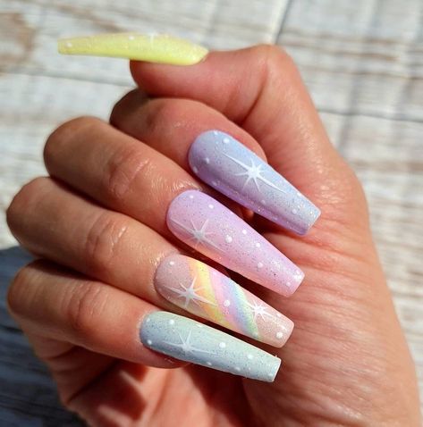 A Unicorn Daydream…looks just like this. Remember that there is more love, more money, more beauty, more everything in this big world for everyone and more! ✨🎀🫶🏼☀️💖 #glimmerwish #unicorn #unicornaesthetic #aesthetic #mayallyourwishescometrue Nails With Rainbow, Painted Stars, Stars Nails, Rainbow Nail Art, Pastel Ombre, Luxury Press On Nails, Unicorn Nails, Accent Nail, Best Salon