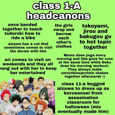 Saving this just for the korosensei part... 😂 Mha Head Cannons, Headcanons Mha, My Hero Academia Headcanons, Anime Headcannons, Anime Headcanons, Mha Headcanons, Character Headcanons, Mha Shifting, Head Cannons