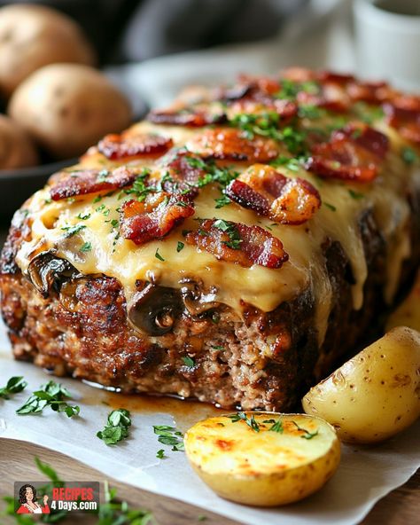 Bacon Mushroom Swiss Meatloaf Bacon Swiss Cheese Mushroom Meatloaf, Fall Carnivore Meals, Mini Stuffed Meatloaf, Bacon And Sausage-stuffed Potato Loaf, Meatloaf Roll Up, Mushroom Swiss Meatloaf Recipes, Bacon Swiss Cheese Meatloaf, Bacon Mushroom Swiss Cheese Meatloaf Recipe, Mushroom Bacon Swiss Meatloaf