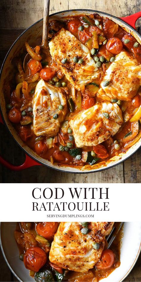 Cod with Ratatouille Autumn Seafood Recipes, Autumn Fish Recipes, Fall Cod Recipes, Cod Provencal Recipe, Fall Fish Recipes, Fall Ratatouille, Recipes With Cod, Ratatouille Ingredients, Cod Dishes