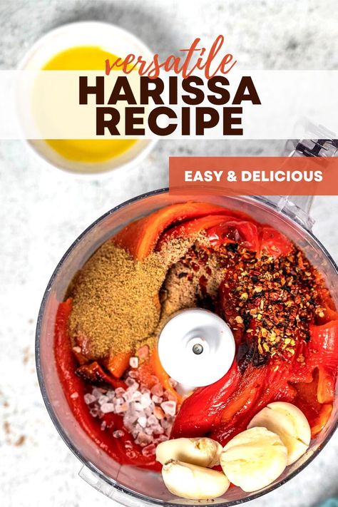 Bright red ingredients all combined in a food processor. Homemade Harissa, Harissa Mayo, Harrisa Sauce Recipes, Harrisa Paste Recipes, Harissa Paste Recipe, Best Sauce Recipe, Harissa Recipes, Harissa Paste, Africa Food