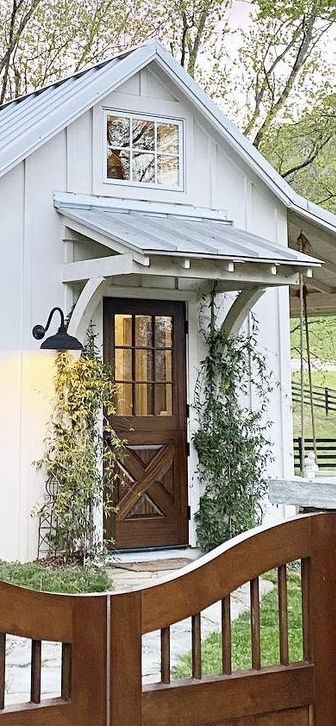 Small Roof Over Door, Farmhouse Shed Exterior, Shed With Awning, Shed Awning Ideas, White Shed Ideas, Shed With Side Porch, She Shed Porch, Window Arbor, Farmhouse She Shed