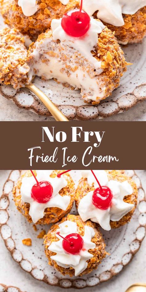 No-fry fried ice cream is a simple, 5-ingredient fried ice cream recipe that has a crispy coating without the mess of frying. It makes an easy dessert for taco Tuesdays or for Cinco de Mayo. Fried Ice Cream Dessert, Adorable Desserts, Fried Ice Cream Recipe, Fiesta Night, Pastries Recipes, The Girl Who Ate Everything, Butter Cinnamon, Fried Ice Cream, Mexican Dessert