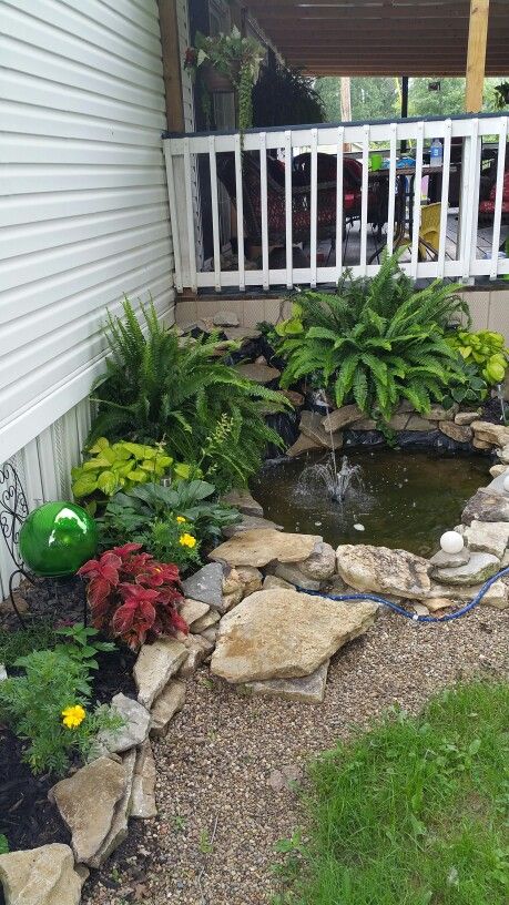 Small Pond Front Yard, Pond In Yard, Rock Garden With Pond, Outdoor Fish Tank Ideas Garden Ponds, Flower Garden With Pond Ideas, Small Koi Pond Ideas Patio, Small Pond With Waterfall Ideas, Pond By House, Small Water Garden Ideas