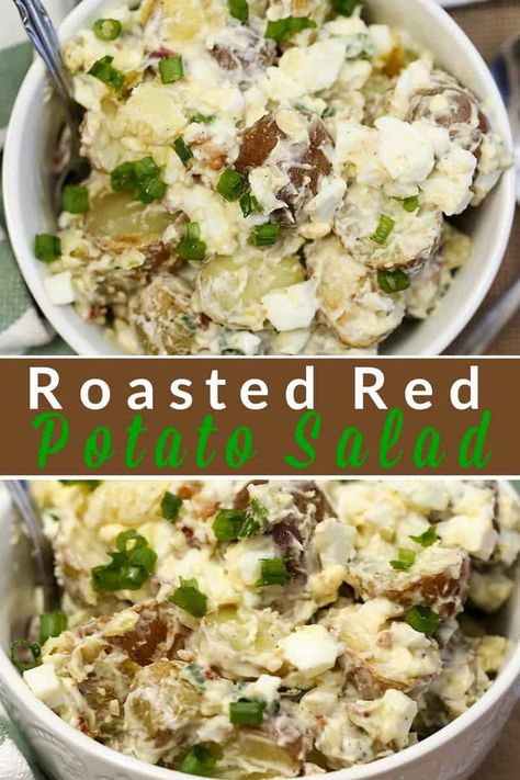 This Roasted Red Potato Salad recipe with egg, bacon and green onions makes it a favourite go-to for a quick and delicious side dish all year long. #redpotato #potatosalad #saladrecipe Bavarian Potato Salad, Red Potato Salad Recipe, Bacon Ranch Potato Salad, Potato Roasted, Roasted Potato Salad, Delicious Healthy Salads, Salad Recipes With Bacon, Salad Potato, Greek Lemon Potatoes