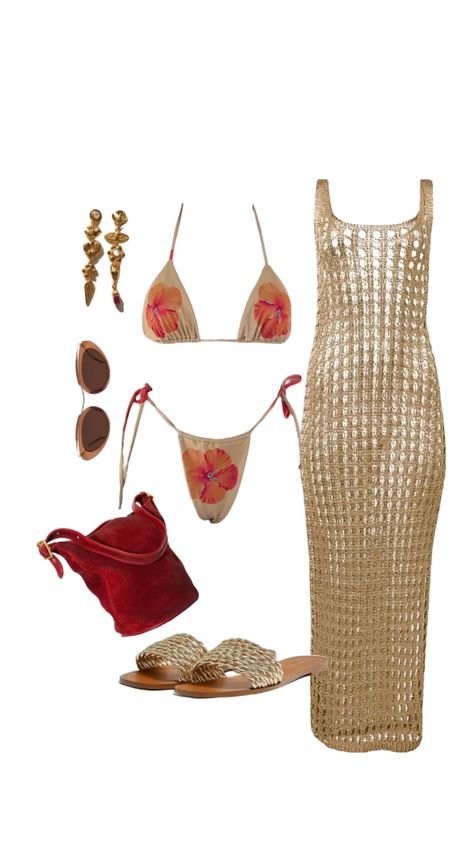 Gold Dress Simple, Miami Chic, Poolside Outfit, Miami Vibes, Poolside Glamour, Bar Outfit, Red Tote Bag, Trendy Beach, Red Tote