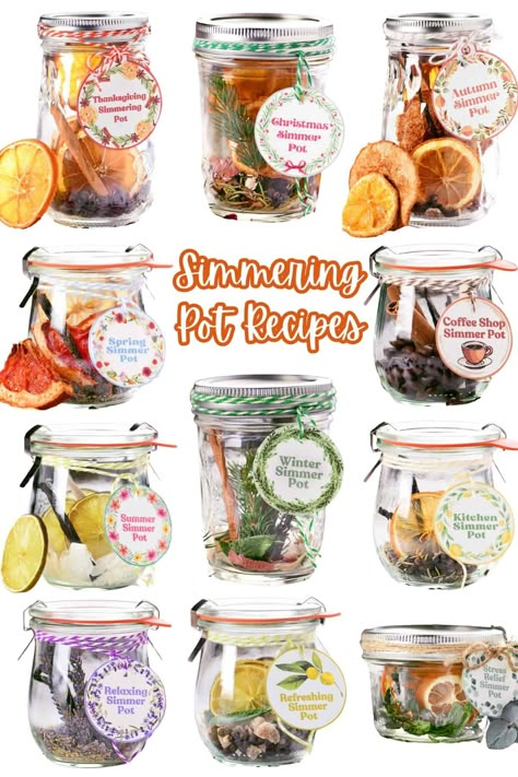 These simmering pot recipes will fill your house with the scents of the holidays and seasons. Put the ingredients into jars to give as gifts! Simmering Pot Recipes, Summer Potpourri, Simmering Pot, Cedar Chips, Drying Mint Leaves, Homemade Potpourri, Potpourri Gift, Simmer Pot Recipes, Stove Top Potpourri