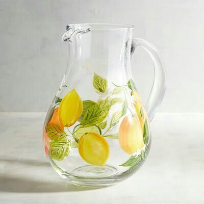 Painted Pitcher, Glass Kitchen Canisters, Lemon Painting, Lemon Kitchen, Unique Drink, Bee Painting, Hand Painted Glassware, Glass Bottles Art, Painted Wine Bottles