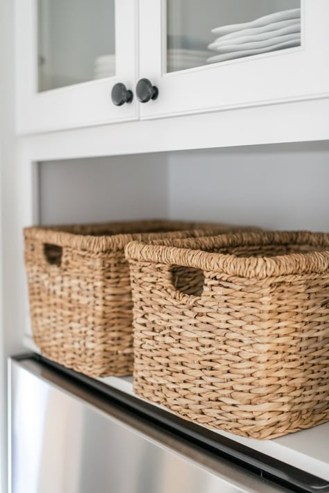 fridge top decoration Storage For On Top Of Fridge, Above Fridge Storage Baskets, Baskets On Top Of Fridge, Above Fridge Storage, Fridge Top Decor Ideas, Fridge Top Decor, Fridge Baskets, On Top Of Fridge, Top Of Fridge