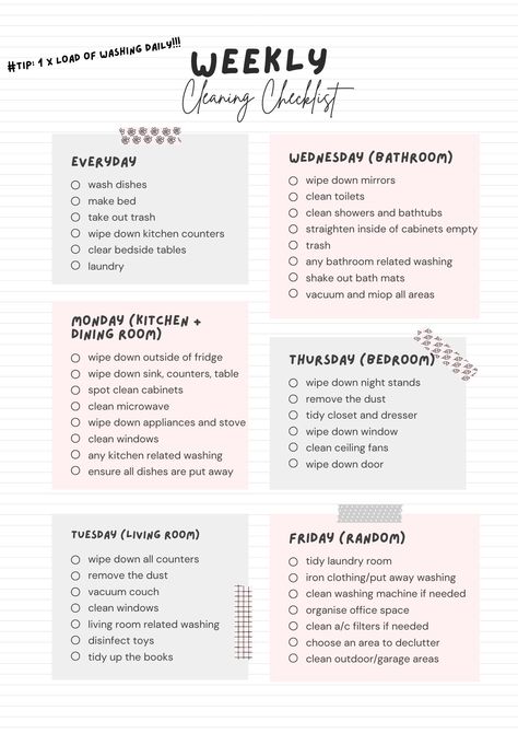 Weekly Cleaning Checklist to help stay on track with your household cleaning. Purchase once and reprint/download as required. School Daily Routine, Checklist Ideas, Sunday Rest, Room Cleaning Tips, Routine School, Apartment Tips, Weekly Cleaning Checklist, Morning Routine School, Organisation Tips