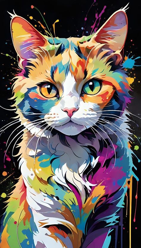 Abstract Cat Painting, Modern Cat Art, Cat Art Painting, Cat Artwork, Colorful Animals, Cat Colors, Cat Painting, Art Abstrait, Animal Paintings