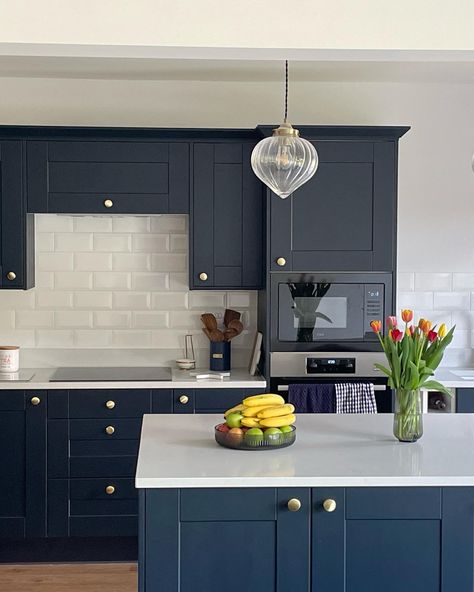 Navy Shaker Kitchen Ideas, Navy Blue Shaker Kitchen, Navy Kitchen White Worktop, Wren Shaker Kitchen, Navy Kitchen Tiling Ideas, Wren Blue Kitchen, Navy And Cream Kitchen, Navy Shaker Kitchen, Howdens Navy Kitchen