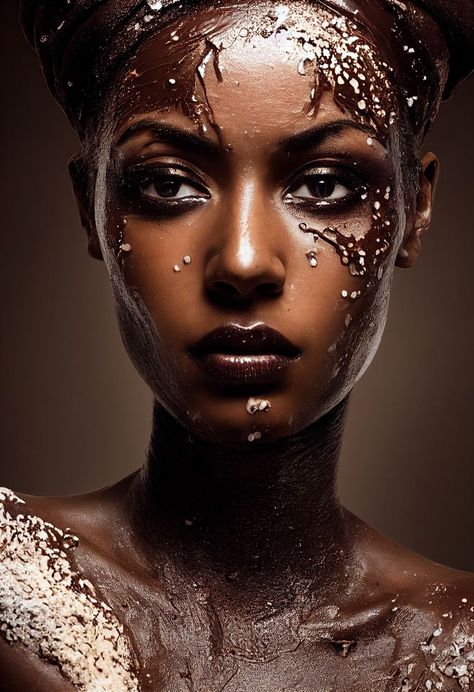 Beautiful model covered in melted white chocolate, dark skin tone, bathing in chocolate, chocolate pouring on her head and face, skin texture, extreme detail Chocolate Valentine, Melted White Chocolate, Outfits Back To School, Coffee Collection, Romantic Questions, Chocolate Fashion, Ads Campaign, Valentine Chocolate, Chocolate Chocolate