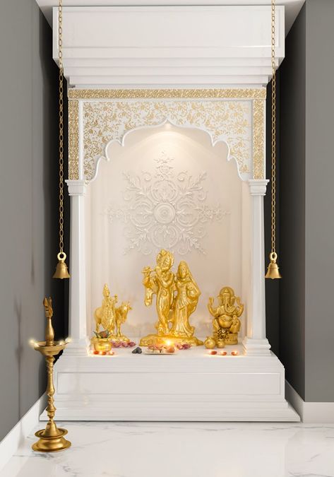 pooja-room-designs-in-white-aesthetic-color White Pooja Room, Marble Temple For Home, Pooja Room Designs, House Temple, Temple Interior, Marble Temple, Mirror Placement, Indian Room, Marble Interior