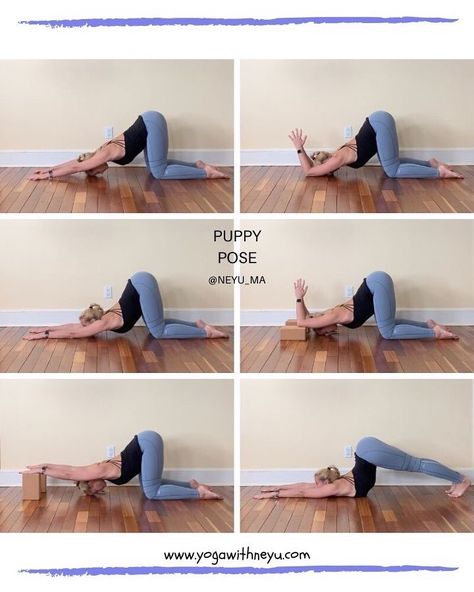 Yoga With Neyu on Instagram: “Some variations of Puppy Pose to stretch the shoulders and lengthen the spine! ☺️ #yogawithneyu” Turtle Pose Yoga, Downdog Yoga Pose, How To Puppy Pose Yoga, Down Dog Yoga Pose, Puppy Pose Yoga, Puppy Pose, Tiger Pose Yoga, Yoga Tees, Yoga Tutorial