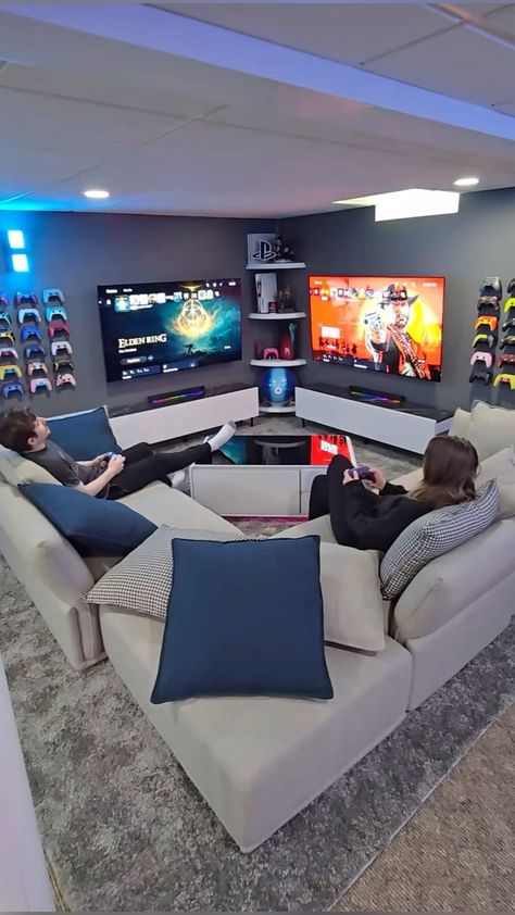 Game Room Two Tvs, Gaming Room 2 Tvs, Ultimate Media Room, Gaming Rooms For Couples, Gaming Room Setup Basement, Game Room Ideas His And Hers, Gamer Family Room, Loft Decorating Ideas Upstairs Game Room, 2 Tvs In Game Room