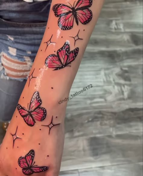 Black And Pink Butterfly Tattoo, Hot Pink Butterfly Tattoo, Pink Butterflies Tattoo, Purple And Pink Butterfly Tattoo, Tattoo Ideas For My Daughter, Butterfly Tattoos On Hand, Colored Butterfly Tattoo, Pink Butterfly Tattoo, Butterfly Thigh Tattoo