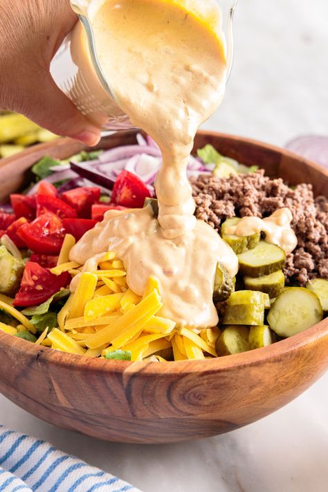 Cheese Burger Salad Keto, Big Mac Chopped Salad, Burger Salad Dressing, Whopper Salad, Cheese Burger Salad, Big Salad Recipes, Hamburger Salad, Lettuce Burgers, Bethany Dobson