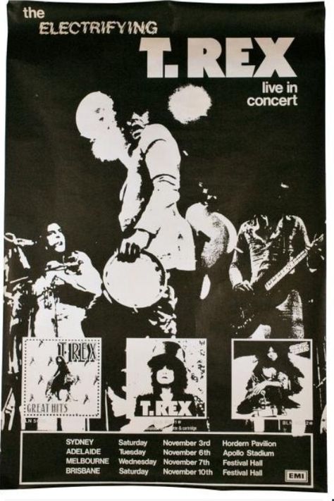 T Rex tour oz T Rex Poster, T Rex Band, Music Concert Posters, Rock Cover, Vintage Concert Posters, Punk Poster, Vintage Music Posters, Promotional Poster, Marc Bolan