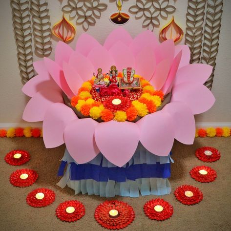 Decoration For Saraswati Puja, Saraswati Pooja Decoration At Home, Lotus Ganpati Decor, Ganesh Laxmi Diwali Decoration, Lotus Decoration Ganpati, Diwali Laxmi Pooja Decorations At Home, Saraswati Pujo Decoration, Saraswati Puja Decoration Ideas At Home, Saraswati Pooja Decoration