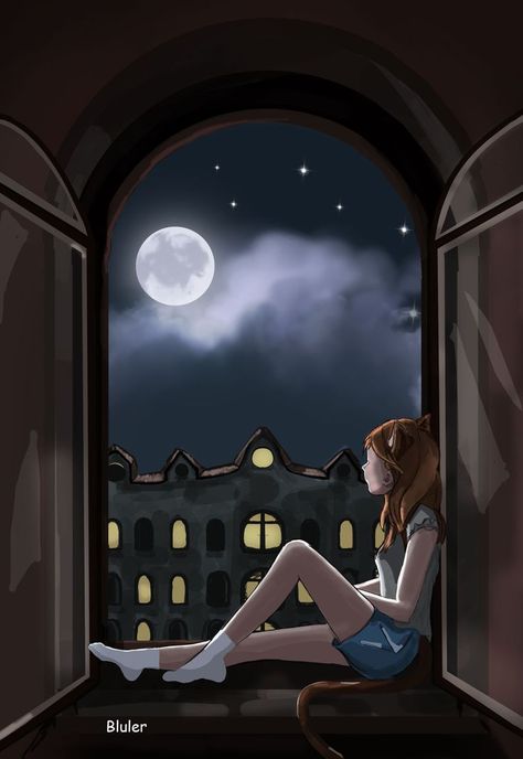 Art neko girl at the window. She looks at the moon and sits by the window. She has cat ears and a tail. Outside the window is the night, the moon and the old house. 2d illustration. Drawing Iphone Wallpaper, Night Drawing, Wallpaper Digital Art, Sky Iphone, Night Sky Art, Window Illustration, Outside The Window, Window Drawing, Night Illustration