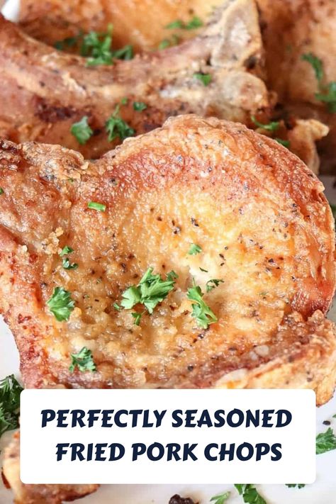 These perfectly seasoned pork chops are lightly breaded and fried to a golden crisp perfection. Southern fried, just like grandma used to make! Best Fried Pork Chops Recipes, Pork Chop Recipes Pan Fried, Fried Pork Chop Recipes Bone In, Fry Pork Chops On Stove, Pork Chop Breading, Best Fried Pork Chops Ever, Breaded Pork Chops Fried, Fried Pork Loin Chops, Easy Fried Pork Chops