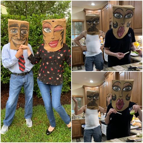 Paper bag mask. Couples last minute halloween costume. Paper Bag Head, Paper Bag Mask, Paper Costume, Halloween Maze, Last Minute Halloween Costume, Saul Steinberg, Last Minute Halloween, Last Minute Halloween Costumes, Creative Costumes