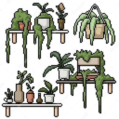 Pixel House Art, Plants Pixel Art, Pixel Art Inspiration, Pixel Art Reference, Nature Pixel Art, Pixel Art Plants, Pixel Art Nature, Plant Pixel Art, Pixel Art Room