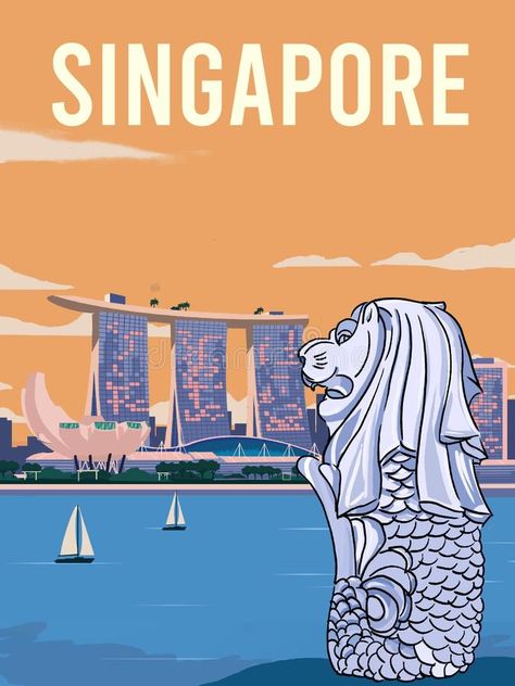 Illustration about Beautiful view Merlion and Singapore city skyline ilustration travel poster. Illustration of skyline, landmark, sunset - 166491098 Merlion Singapore, Singapore National Day, Singapore Art, View Sunset, Singapore Photos, Singapore City, City Icon, City Silhouette, Australian Travel