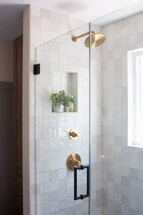 Black Shower Door Gold Fixtures, Black Shower With Gold Fixtures, Gold Shower Fixtures Master Bath, Gold Marble Bathroom, Main Bathroom Design, Gold Shower Fixtures, Wood Linen Cabinet, Black Shower Fixtures, Gold Bathroom Fixtures