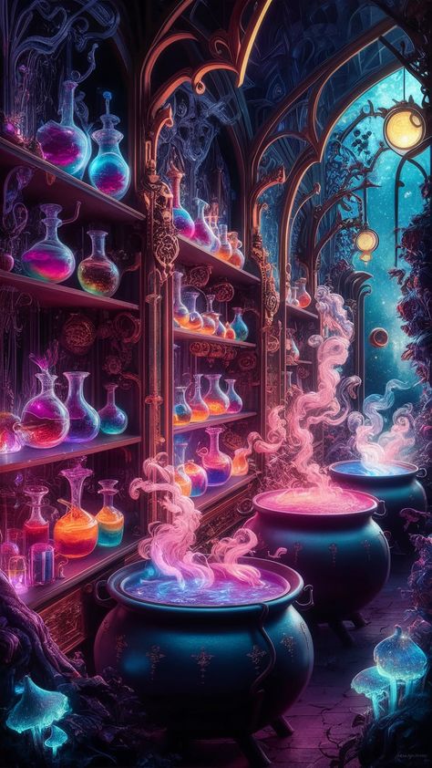 Immerse yourself in a mystical laboratory wallpaper featuring vibrant cauldrons bubbling with colorful potions and enchanting vapors. Explore shelves of ornate glass bottles filled with iridescent elixirs amidst an Art Nouveau design. Gothic touches mingle with steampunk machinery, while bioluminescent fungi and celestial views add to the magic. Perfect for fantasy lovers, this wallpaper invites adventure and alchemy into your space. Laboratory Wallpaper, Alchemy Lab, Steampunk Elements, Potion Making, Gothic Elements, Gothic Design, Bakery Design, Fantasy Lovers, Witch House