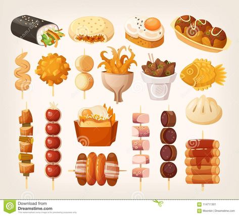 Illustration about Set of fresh delicious fast foods from asian streets. Variety of snacks. Vector illustrations. Illustration of chinese, fries, japanese - 114711301 Mandu Dumplings, Korean Mandu, Koreansk Mad, Different Types Of Food, Trip Fashion, Bahasa Jepun, Grey Street, 귀여운 음식 그림, Italian Street