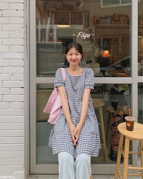 Dress Over Jeans Outfit Korean, Dress Over Pants Korean, Dress Over Jeans Outfit Japanese, Dress Over Jeans Aesthetic Korean, Dress Over Jeans Korean, Dress Over Jeans 2000s, Jeans Under Dress Outfit, Jeans Under Dress, Korean Pants Outfit