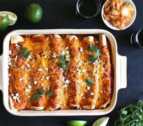 Learn%20more%20about%20Kimchi%20Pork%20Enchiladas%20with%20Queso%20Fresco%20from%20SideChef! Fusion Food Recipes, Korean Fusion Food, Queso Fresco Recipe, Kimchi Pork, Cream Cheese Enchiladas, Pork Enchiladas, Fusion Recipes, Marinated Salmon, Cooking App