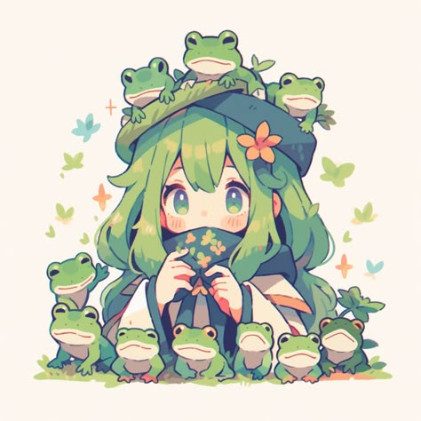 Cute Frog Kawaii, Holding A Frog Reference, Human Frog Oc, Frog Vtuber, Frog Girl Drawing, Cute Frog Pfp, Frog Chibi, Frog Oc, Frog Character Design