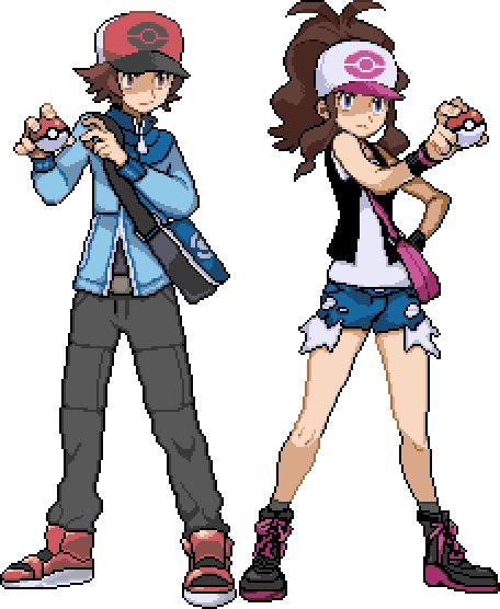 touya and touko Pokespe Black And White, Pokemon Black And White Characters, Holding A Pokeball Reference, Pokémon Trainer Pose, Pokemon Trainer Sprites, Pokemon Hilbert, Pokemon Art Style, Pokemon Protagonists, Hilbert Pokemon