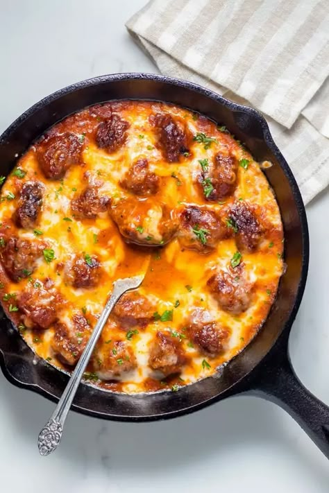 Keto meatballs seared on stove top then baked in the oven or crockpot. This easy meatball recipe is loaded with cheese and flavor then bulked with parmesan cheese or pork rinds. Low carb meatballs are a great delicious option for keeping you and the family healthy without sacrificing a tasty meal. Family Dinners Easy, Meatball Skillet, Darius Cooks, Quick Keto Meals, Easy Meatball, Keto Meatballs, Meatball Casserole, Healthy Low Carb Dinners, Dinners Easy