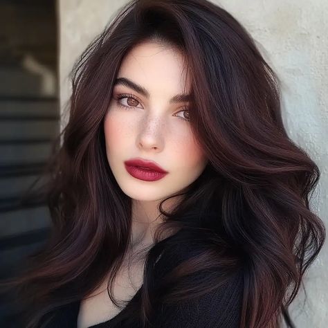 11 Black Cherry Hair Color Ideas: Stunning Looks to Inspire Your Style Black Hair On Pale Skin Blue Eyes, Black Hair For Pale Skin, Black Hair Pale Skin Green Eyes, Black Hair Pale Skin Brown Eyes, Black To Auburn Hair, Dark Mahogany Brown Hair Color, Brown Cherry Hair Color, Black Brown Hair Color, Black Hair Dye Ideas