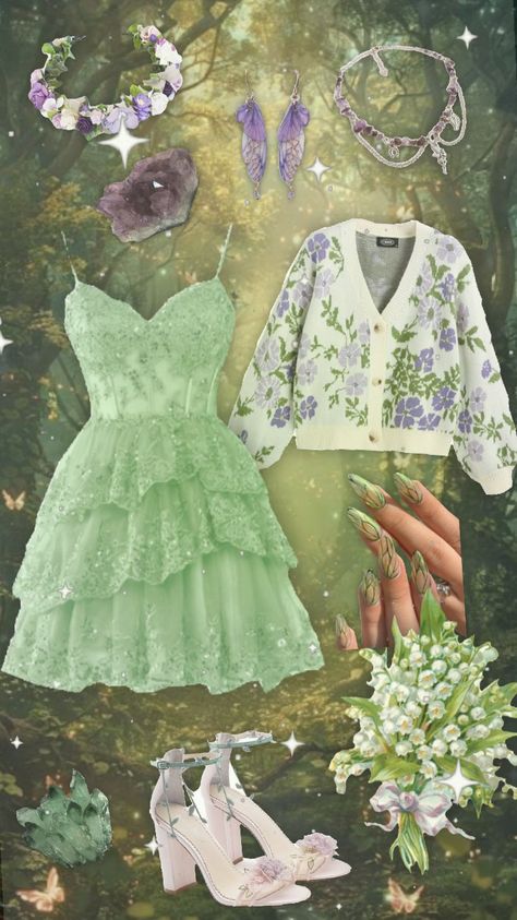 #fairycore #outfitinspo #green #purple Lavender Green Outfit, Green And Purple Outfit Aesthetic, Pastel Fairycore Outfits, Green And Purple Outfit, Clothes To Draw, Pastel Outfit, Purple Outfits, Fairy Core, Outfits Aesthetic