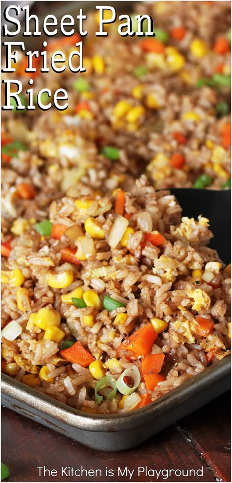 Pan of Sheet Pan Fried Rice Canned Veg All Recipes, Chicken Fried Rice Casserole, Pre Cooked Rice Recipes, What To Serve With Fried Rice, Rice Veggie Recipes, Sheet Pan Fried Rice, Easy Fried Rice Recipe Simple, One Pan Rice Meals, Fry Pan Recipes