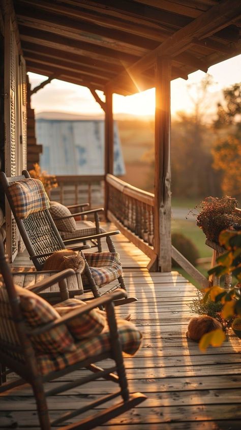 Cozy porch setting at sunset with rocking chairs, cushions, hydrangeas, and pumpkins. Ideal spot for relaxation and unwinding. Rocking Chair Porch Aesthetic, Coffee On Porch, Rocking Chair Aesthetic, Porch Aesthetic, Cute Porch, Live To The Fullest, Cozy Porch, Dream Homestead, Cabin Porch