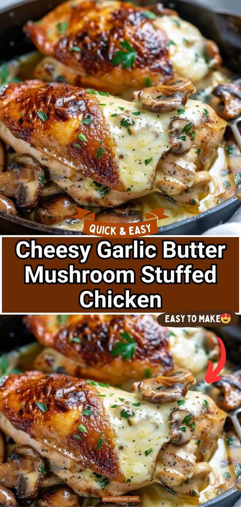 Cheesy Garlic Mushroom Stuffed Chicken, Cheesy Garlic Butter Mushroom Stuffed Chicken, Cheesy Garlic Butter Mushroom Chicken, Garlic Butter Mushroom Stuffed Chicken, Mushroom Stuffed Chicken, Red Recipes, Garlic Butter Mushrooms, Mushroom Stuffed, Parmesan Cream Sauce