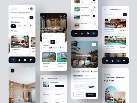 Application Ui Design, Hotel App, Hotel Booking App, App Home Screen, Hotel Card, Desain Ui, Mobile App Design Inspiration, Luxury Beach House, Flight Booking