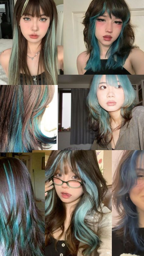 Mostly blue peekaboo Blue And Black Peekaboo Hair, Brown And Other Color Hair, Black Hair Color Underneath, Black Green And Blue Hair, Blue Curtain Bangs Brown Hair, Small Streaks Of Color In Hair, Dyed Bangs Blue, Dark Teal Hair Color, Partially Dyed Hair Ideas